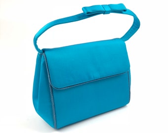 Jahrgang Magid türkis blau Satin Cocktail Handtasche Tasche Clutch mit Schleife Träger 60er Jahre