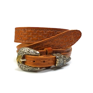 Vintage Brown Tooled Leather Belt Silver Metal Eagle Buckle