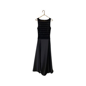 Vintage Tadashi Shoji Black Satin Skirt Rhinestone Velvet Long Gown Dress Size 6