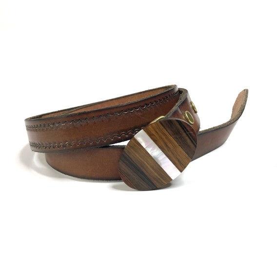 Vintage Leather and Striped belt Vintage Woven Striped Preppy Belt With Leather and Brass  main image 2