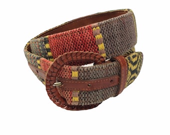 Vintage Clifford Wills Boho Multi Color Geometric Woven and Leather Belt Size Medium