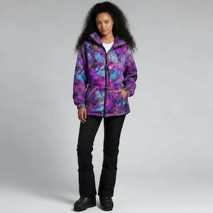 Vintage 80s 90s Black Bear Purple Teal Retro Print Pullover Anorak Ski Shell Jacket Womens Size 10
