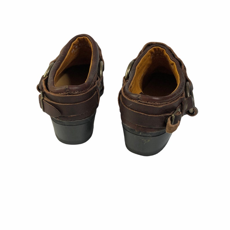 Vintage Frye Dark Brown Leather Harness Slip on Mules Shoes 70760 USA made Size 5 12