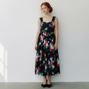 Vintage Miss Oops California Black Retro Floral Print Swing Pin Up Dress Pockets