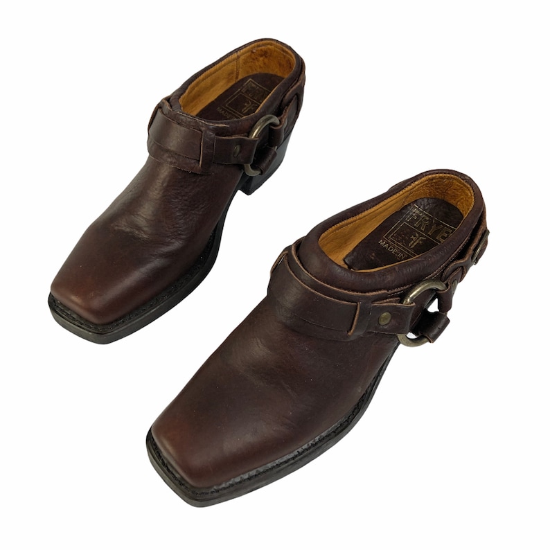 Vintage Frye Dark Brown Leather Harness Slip on Mules Shoes 70760 USA made Size 5 12