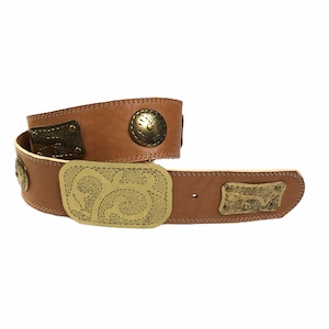 Vintage New York Studio Boho Moroccan Brown Leather Belt w Metal Plates Size M/L