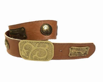 Vintage New York Studio Boho Moroccan Brown Leather Belt w Metal Plates Size M/L
