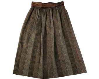 Vintage 80s 90s ESCADA Brown Navy Striped Alpaca Midi Skirt Leather Trim w Pockets Size 42