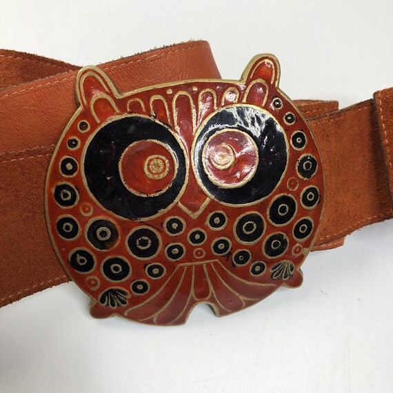 Vintage Boho 70s Enamel Burnt Orange Owl Bird Lar… - image 3