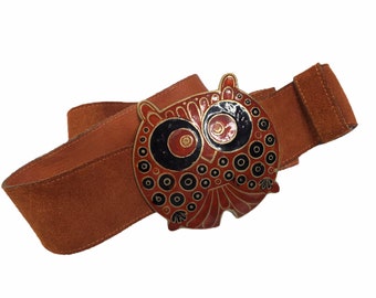 Vintage Boho 70s Enamel Burnt Orange Owl Bird Large Buckle Leather Belt Retro Unique