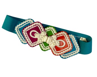 Vintage Salena's Collection Elastic Stretch Teal Orange Leather Retro Embellished Belt