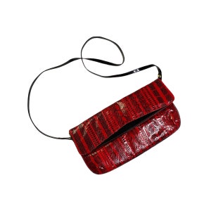 Vintage Jasmin Cherry Red and Black Snakeskin Leather Flat Clutch Shoulder Bag