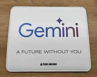 May include: A rectangular white mouse pad with rounded corners and stitched edges. The text Gemini is printed in a blue to purple gradient with a star icon. Below is the text A FUTURE WITHOUT YOU and the logo FLEXI ARCADE.