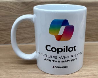 May include: A white ceramic mug featuring a colorful gradient abstract logo at the top. Below the logo, the text reads Copilot, A FUTURE WHERE YOU ARE THE BATTERY, and at the bottom, the text FLEXI ARCADE with a small person icon.