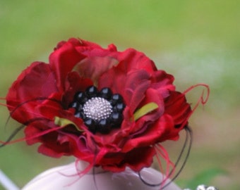 Classy Red Black Silk Flower Brooch Pin / Fascinator Hair Clip / Comb. Sophisticated Handmade Spring Wedding Stylish Lapel Corsage Barrette