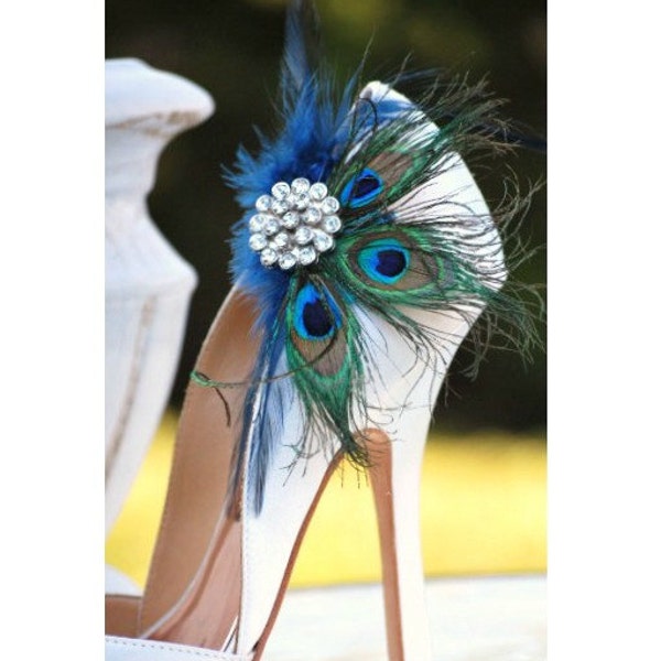 Shoe Clips Peacock & Navy Fan. Bride Bridal Bridesmaid, Birthday Engagement Gift, Sparkle Rhinestone, Statement Pinterest Favorite Couture