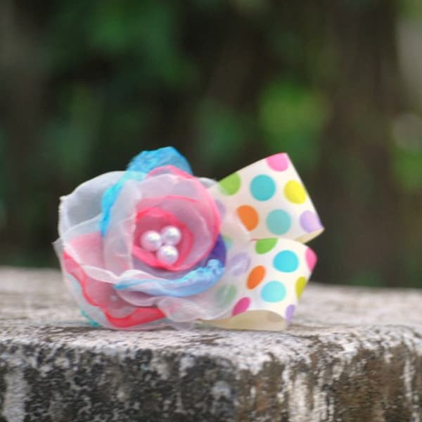 Easter Flower Hair Clip or Headband. Polka Dot Pink Ivory Aqua Purple Bow. Spring Birthday Baby Newborn Toddler Girl Photo Prop Hairbow Band