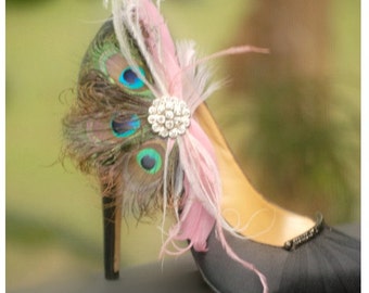 Wedding Peacock Feather Shoe Clips. Rose Pink & Rhinestone. Engagement Bachelorette Date Night. Best Seller Bridal Stunning Exquisite Gift