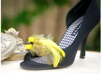 Wedding Shoe Clips. Sunshine Yellow Black Polka Dot Guinea Feathers. Engagement Shoe Clip Pin. Couture Bride Bridal Gift, Fashion Statement