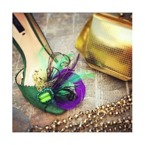 Wedding Shoe Clips. Mardi Gras Golden Gold Purple & Green Feathers. Bride Bridal Bridesmaid. Gift Clip. Emerald Glass Beads. Masquerade Date image 2