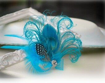 Something Blue COMB. Turquoise Peacock Feather & Rhinestone Gem Fascinator. Bride Bridal Bridesmaid Couture Gift, Statement Feminine Edgy