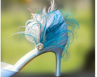 Something Blue Shoe Clips. Turquoise Peacock Feather & Rhinestone Gem. Ivory Rose. Wedding Bride Bridal Bridesmaid Gift, Statement Edgy Bold