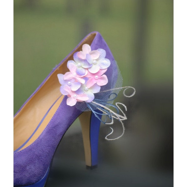 Shoe Clips Pink & Lavender Pastels Hydrangeas. Bridesmaid Bride. ALSO Yellow Celadon Green Fuchsia Navy. Ivory White Feathers Tulle Pearls