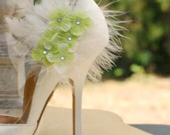 elegant trendy gift idea fabulous rockabilly dainty feminine Bride bridal couture Wedding White or Ivory /& Opal Organza Flower Shoe Clips