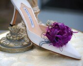 Shoe Clips PLUM Feather Puff Black Gem - Pearl. Chic Spring Wedding, Teen Fun Gift, Sophisticated Glamourous Photo Prop Statement Eggplant