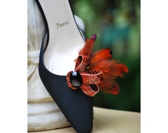 Shoe Clips Rust / Black / Ivory / White Loops & Feather. Bride Bridal Bridesmaid Couture, Snake Skin Animal Pattern Print, Preppy Handmade