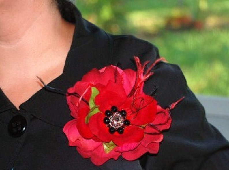 Classy Red Black Silk Flower Brooch Pin / Fascinator Hair Clip / Comb. Sophisticated Handmade Spring Wedding Stylish Lapel Corsage Barrette image 3