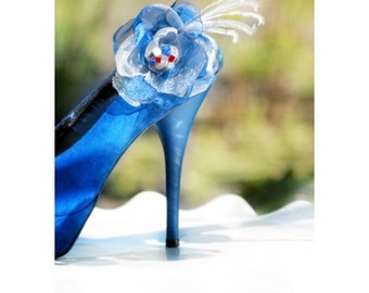 Wedding Shoe Clips. Royal Cobalt Blue White Red Flower. Ivory Teal Purple Organza Clip. Bride bridal spring, couture fun fabulous rockabilly