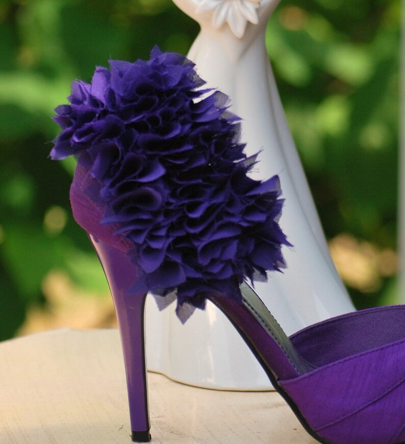 Shoe Clips Dark Deep Purple Ruffles. Handmade Gift, Feminine Delicate Bride Bridal, colors Ivory White, Wedding Date, Chiffon Organza Fabric image 3