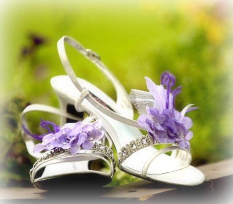 Shoe Clips Lavender Hydrangeas & Feathers. Stylish Elegant Garden Tea Party, also blue ivory apple green pink teal, Pearl / Rhinestone gem image 3