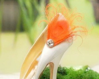 Shoe Clips Orange Peacock & Sparkly Rhinestone / Pearl. Statement Haute Couture. Green Purple Turquoise Blue. Bride Bridal Wedding Accessory