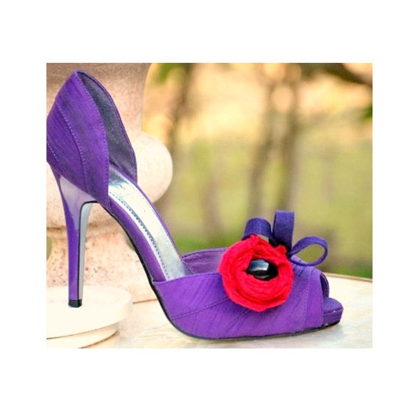 Shoe Clips Red & Purple Rosette Bud - Loops. Lady Queen Of the House Accessory, Church Club Convention Conference, Tween Grandma Ladies Pin