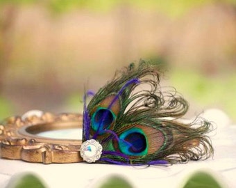 Fancy Peacock & Purple Hair Clip / Comb. Couture Bride Bridal Maid of Honor, Spring Stylish Bachelorette, Silver Flower Metallic Iridescent