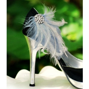Shoe Clips Grey & Rhinestones Crystals / Pearls. Glacier Gray Couture, Bride Bridesmaid, Bachelorette Hen. Ostrich Goose. Statement Date Day