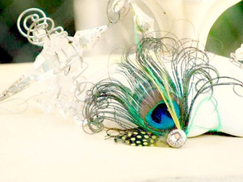 Hair Clip or Comb Peacock, Ostrich & Guinea Feather. Bride Bridal Bridesmaid Party Gift, Chic Couture Spring, Silver Rhinestone Gem or Pearl image 2