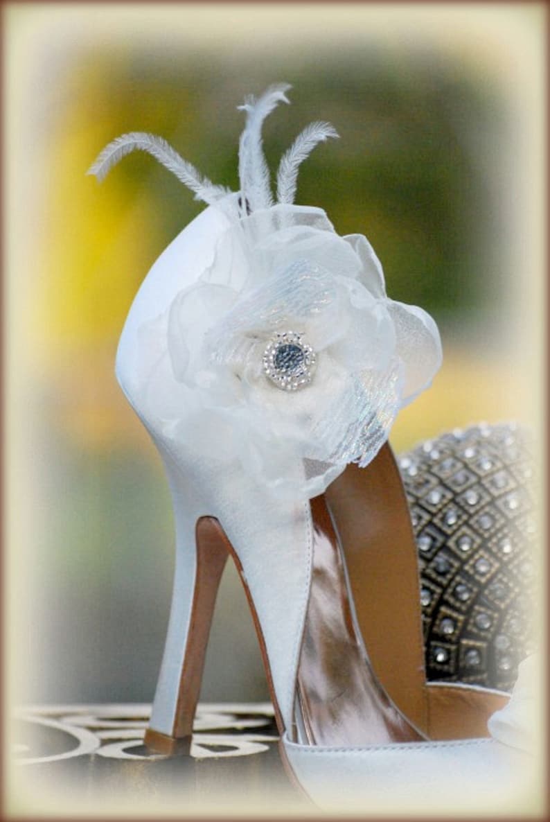 Wedding White or Ivory & Opal Organza Flower Shoe Clips. Bride bridal couture, elegant trendy gift idea, fabulous rockabilly dainty feminine image 4