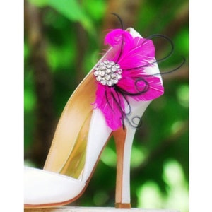 Statement Shoe Clips. Fuschia Feathers Couture Bridal Bridesmaid Bachelorette Sophisticated, Rhinestone Crystals, Bright Ostrich Goose Green image 1