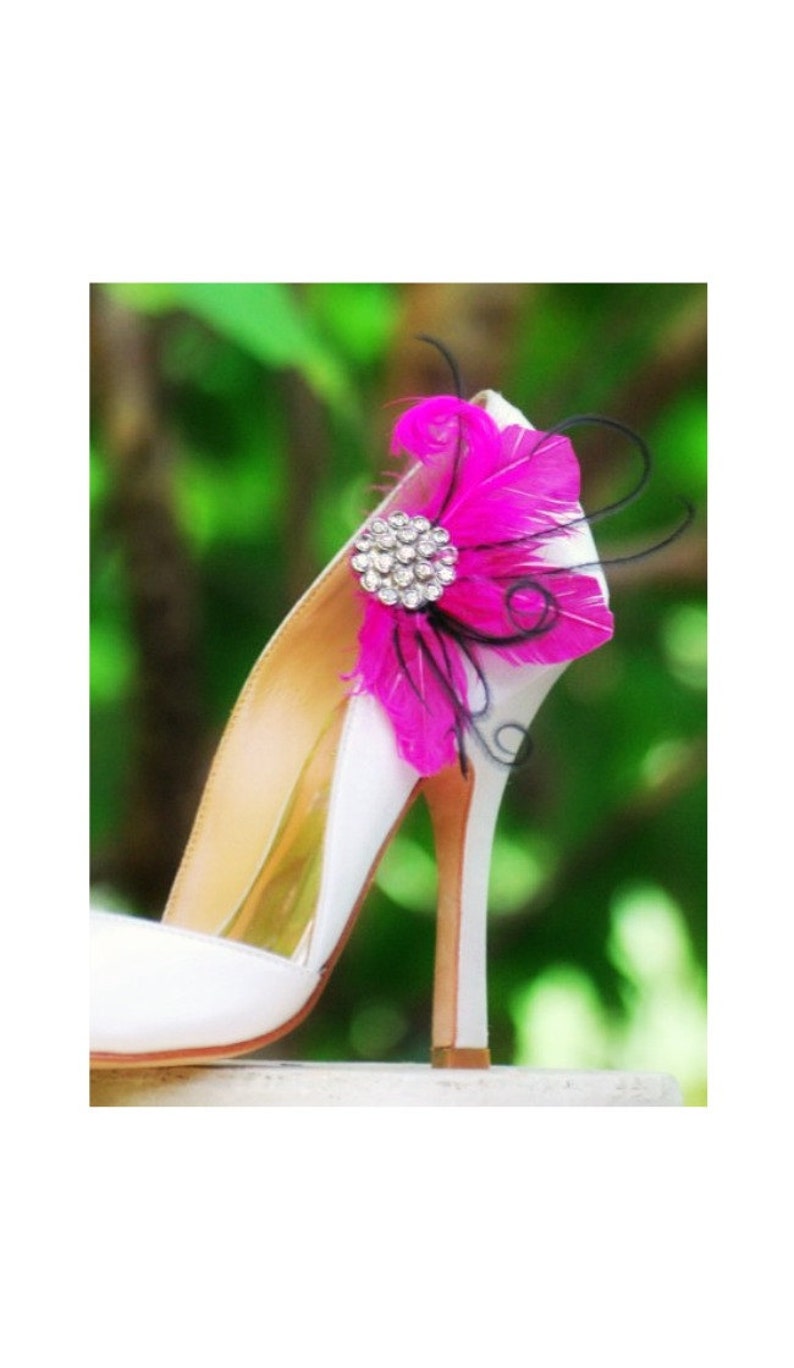 Statement Shoe Clips. Fuschia Feathers Couture Bridal Bridesmaid Bachelorette Sophisticated, Rhinestone Crystals, Bright Ostrich Goose Green image 1