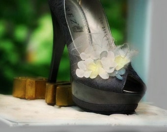 Shoe Clips Ivory Grey & Yellow Hydrangeas. Couture Bridesmaid Bride. More: Lavender Celadon Lilac Green Fuchsia Navy. Feathers Tulle Pearls