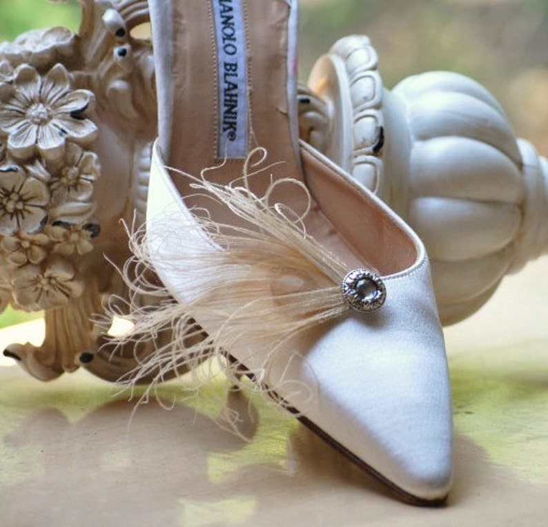 Golden Ivory Peacock Shoe Clips. Special Stylish Feminine Couture Statement, Stunning Burlesque Boudoir Bride Bridal Bridesmaid Gold Neutral image 4