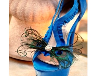 Wedding Shoe Clips. Peacock Feathers Bow. Bride Bridal Bridesmaid, Steampunk Sophisticated, Teal Emerald Green Metallic Rhinestone or Pearl