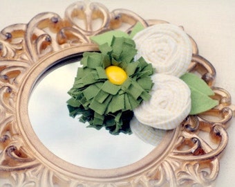 Olive Green Yellow Trio Hair Clip / Barrette Pin. White Stripes Rosette,  Spring Church Fashion, Bridal Bridesmaid Bride, Baby m2mg Gymboree