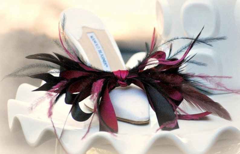 Shoe Clips Black &amp; Burgundy. Anemone Plumes Bow Christian