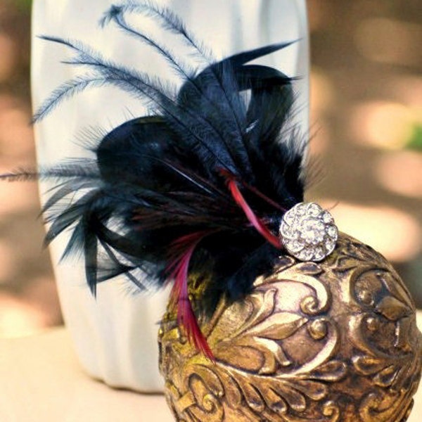 Hair Comb / Clip BLACK Ivory Champagne Feather & Rhinestone / Pearl. Marsala Plum Bride Bridal Couture Pin, Tan Ebony Noir, Classy Burlesque