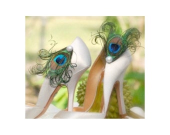 Shoe Clips Pearl & Iridescent Peacock. Derby Statement Stylish Couture Sho Clip, Emerald Teal Green Aqua Bleu, Bride Bridal Elegant Fun Gift