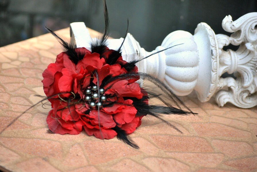 Pin / Hair Clip / Comb Red & Black Feathered Flower Etsy